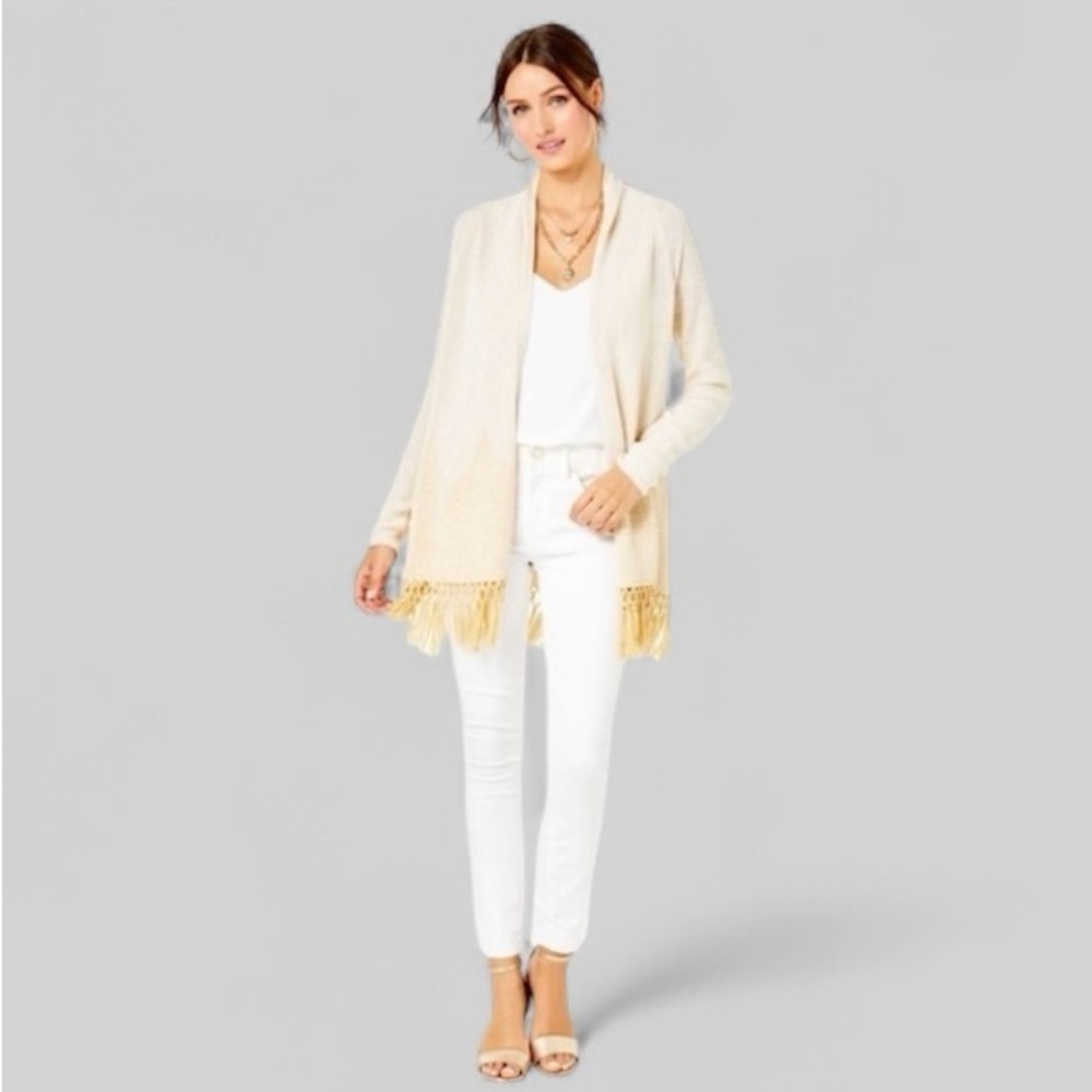 NWT Lilly Pulitzer Tatum Long Fringe Hem Cardigan in Gold Metallic Classic